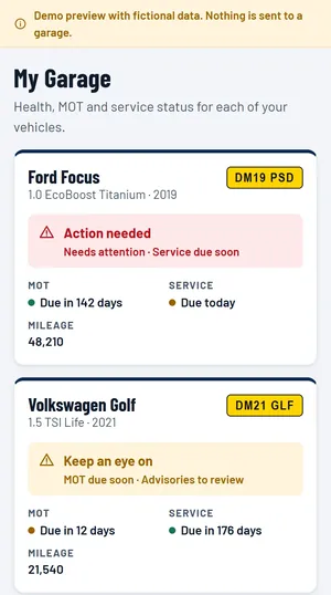 PitstopDash My Garage, listing two vehicles with their MOT and service due dates.